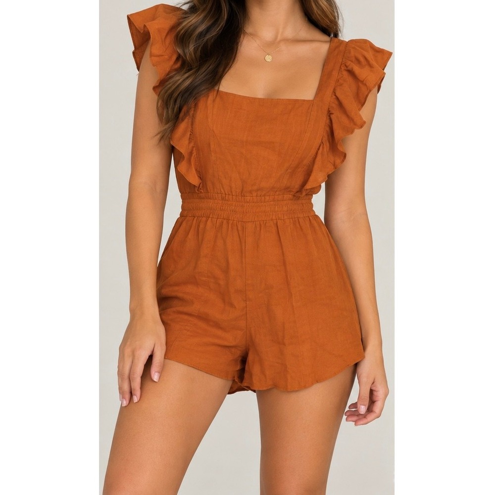 Ruffle Strap Open Back Romper with Built-in Shorts Rust Orange Size-S